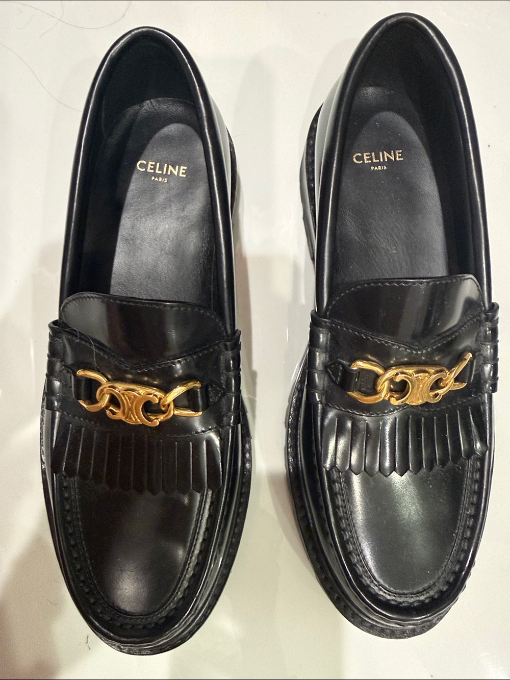 Celine Black Leather Loafers with Gold Link Hardware